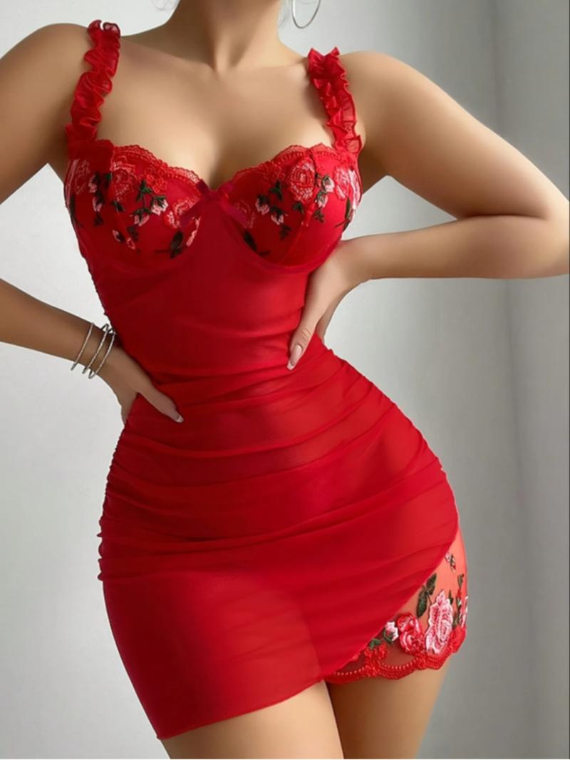 Women's Floral Embroidery Sexy Cami Nightdress & Thong Sexy Lingerie Set, Chic Nighty Dress & Panty Two-piece Set, Ladies Summer Sleepwear