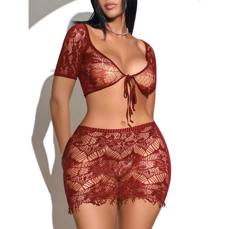 Women's Sexy Mesh Outfit Set - 2pcs Set with Sexy Mesh Outfit and Matching Accessories Bra Lingerie womens  lingerie Piece Skirts Lace Womenswear Fabric Burgundy