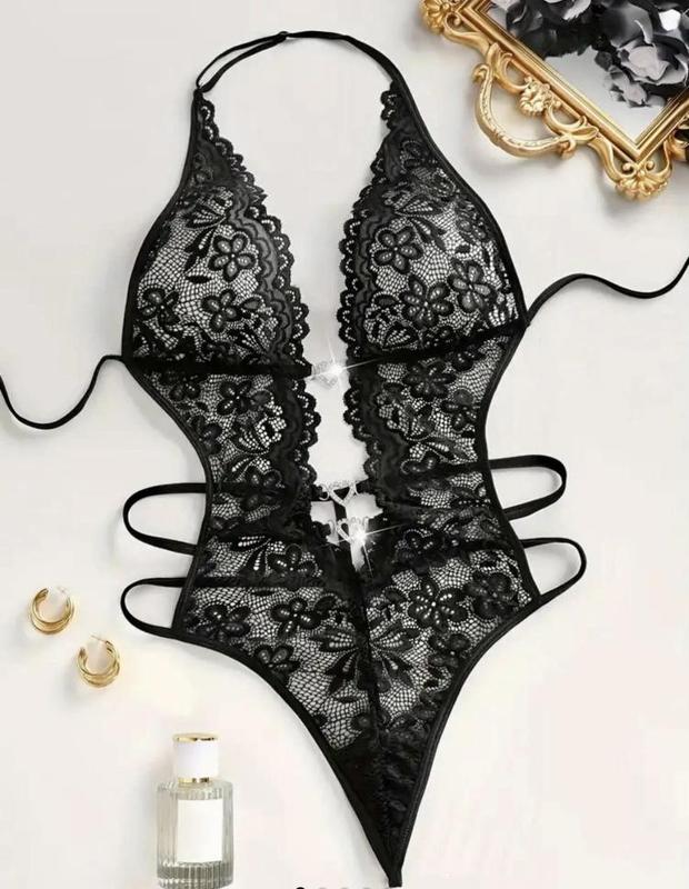 Ugreat Women's Floral Lace Rhinestone Ring Linked Sheer Teddy Bodysuit, Sexy fashion Contrast Lace Tie Backless Bodysuit for Daily Wear, Women's Lingerie for All Reasons Black Fabric