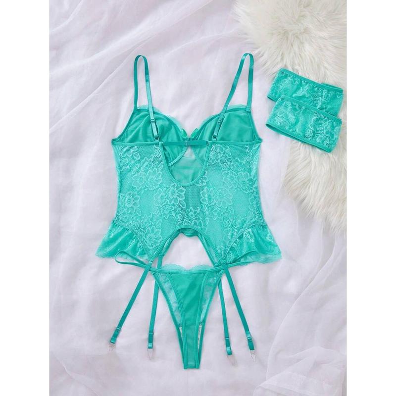 4pcs/Set Plus Size Sexy Lace Cross Tie Front Lingerie Set Blue Bra