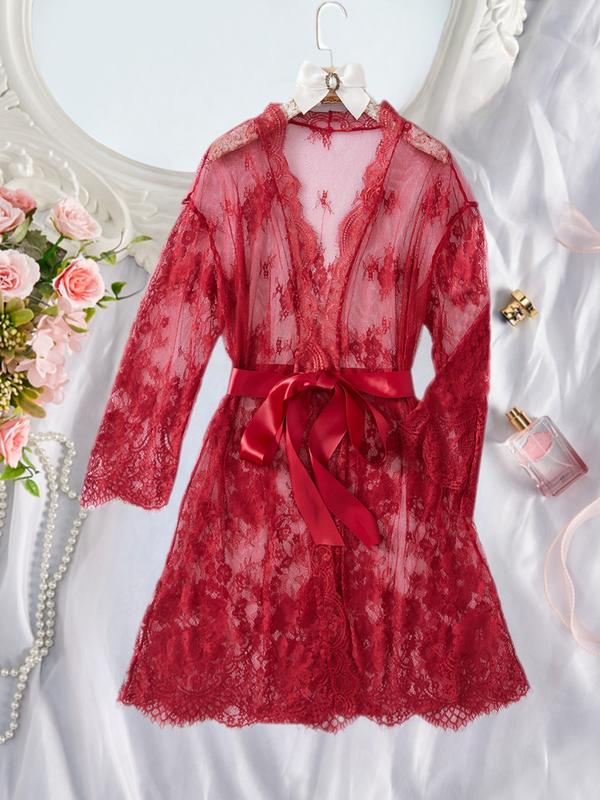 Women's Sexy Robe and Lingerie Set 3 Pieces, Long Sleeve Sheer Robe with Bra and Shorts, Gift with Waist Ribbon for All Seasons