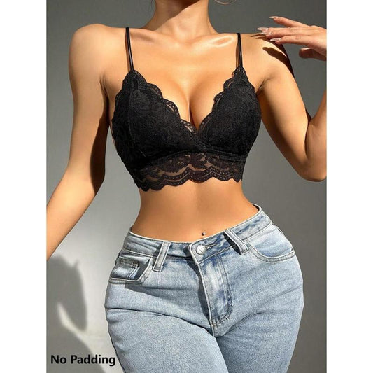 Floral Lace Scallop Trim Bralette Lingerie Womenswear Party Tops Nylon Black