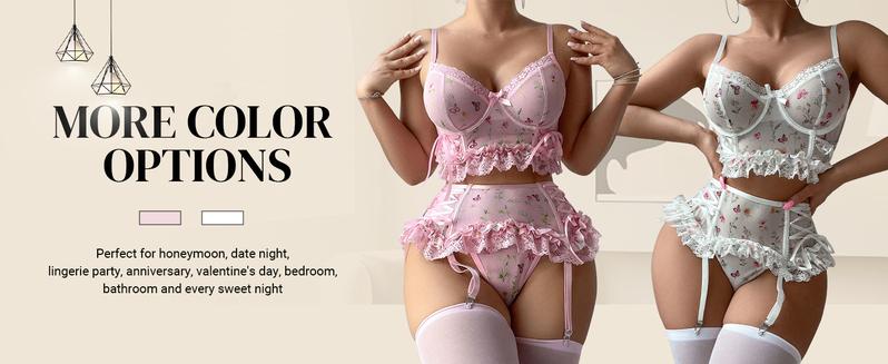 5 Piece Lingerie Set Lace Floral Ruffle Garter Underwire Teddy Lingerie Set with Stocking