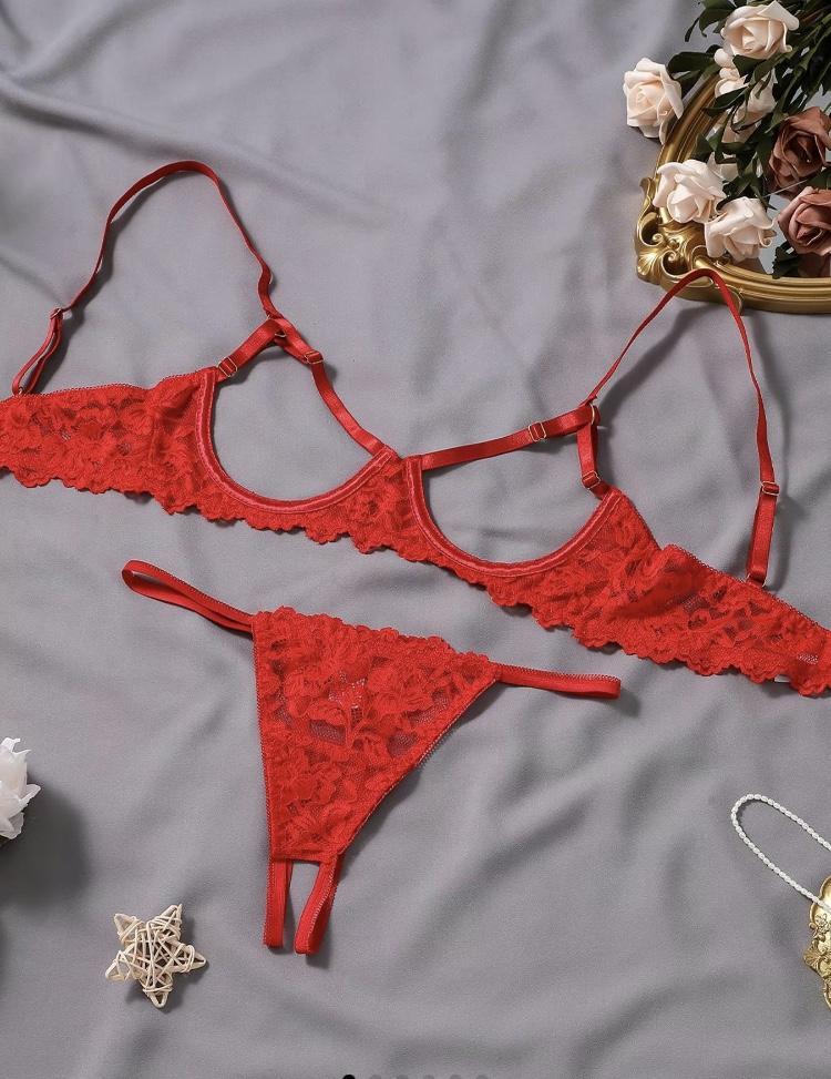 Ugreat Women's Floral Lace Sexy Lingerie Set, Sexy Cut Out Underwire Bra & Open Crotch Design Thong Two-Piece Set, Lingerie Set for Women, 2000s Wear Pink Straps