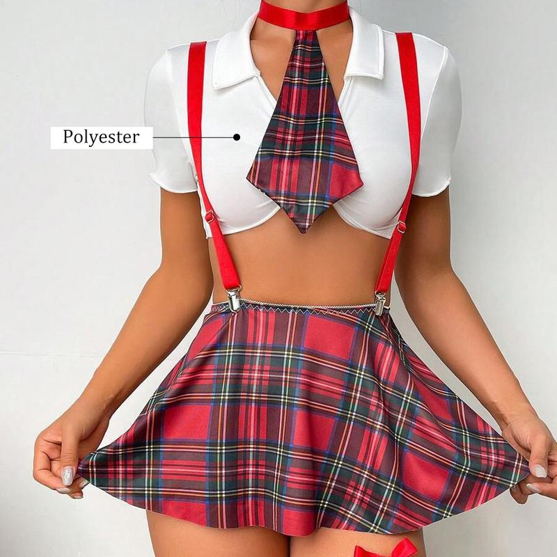 Ugreat Women's Sexy School Girl Costume Set - Adjustable Crop Top Skirt & Thong with Bow Decor for Cosplay