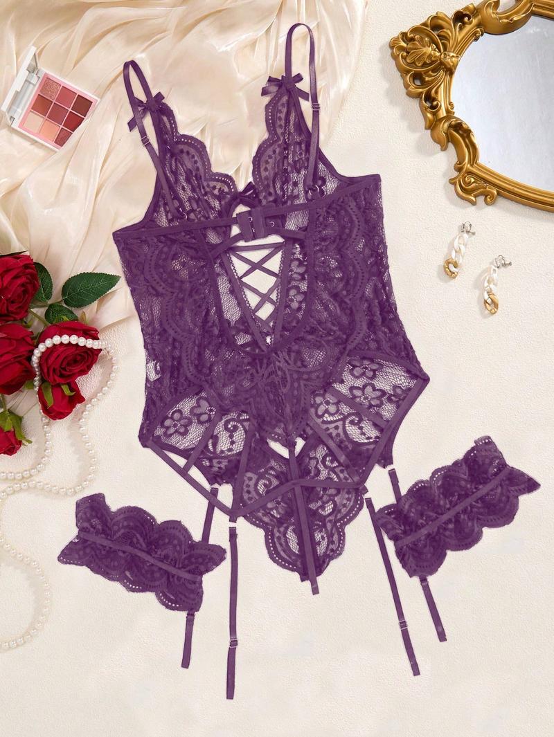 Summer Sexy Women's Lingerie Set, Classic Red Lace Jumpsuit With Anklet, Teddy Bear Doll Intimate Apparel, Sensual Outfit Womenswear Bra Party Piece Sheer Nightwear Sleeve