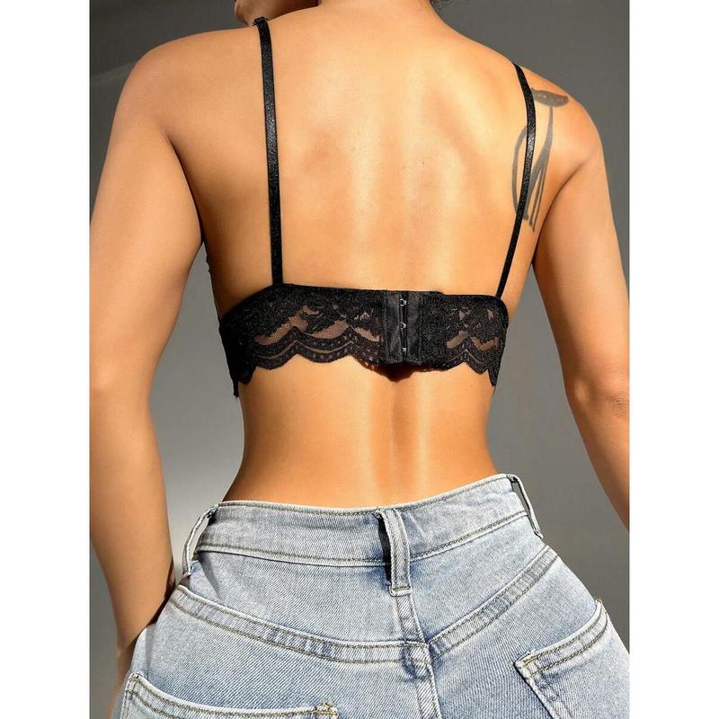 Floral Lace Scallop Trim Bralette Lingerie Womenswear Party Tops Nylon Black