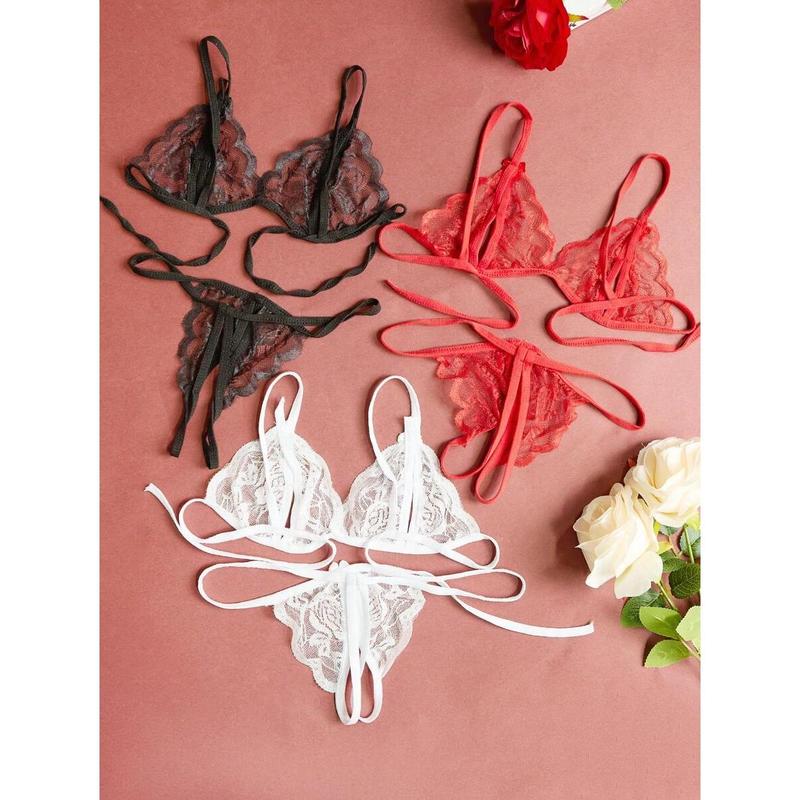 3 Pieceslingerie Set Solid Color V-Neck Lace Floral Fashion Design Lingerie Set, Bra And Open Lingerie, Couple Date, Halloween, Christmas, Valentine's Day, Girlfriend Gift, Free Temptation Set White Black Womenswear Red Fabric Casual Basic Minimalist