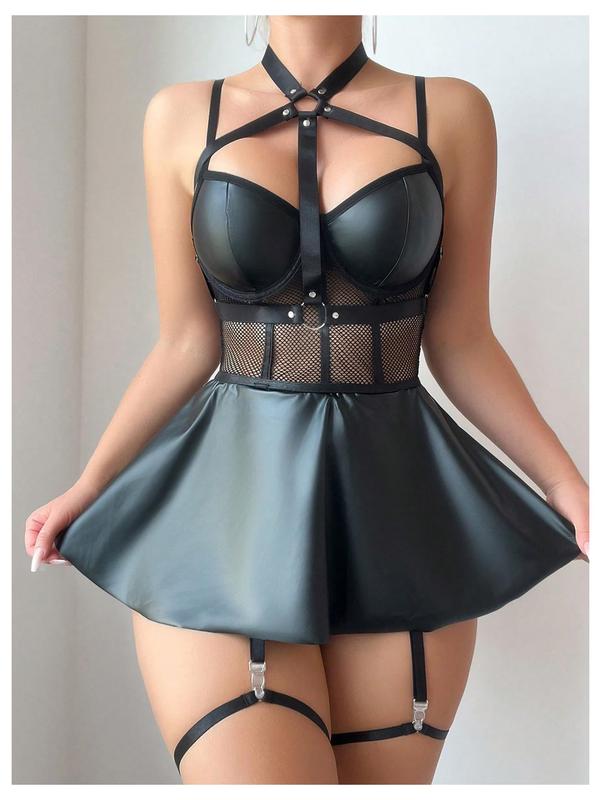 Pu Leather Lingerie Set Hollow Out Halter Underwired Lingerie Dress