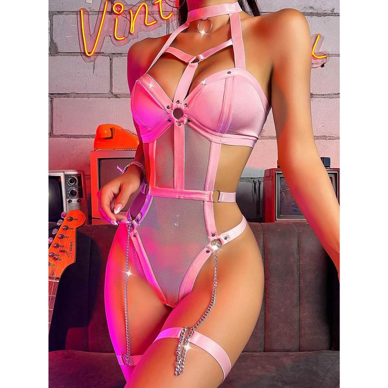 AltCore Ring Linked Mesh Teddy Bodysuit With 1pair Leg Ring, Lingerie Womenswear Bra womens  lingerie Piece Pink Sexy Panty Polyester Fabric
