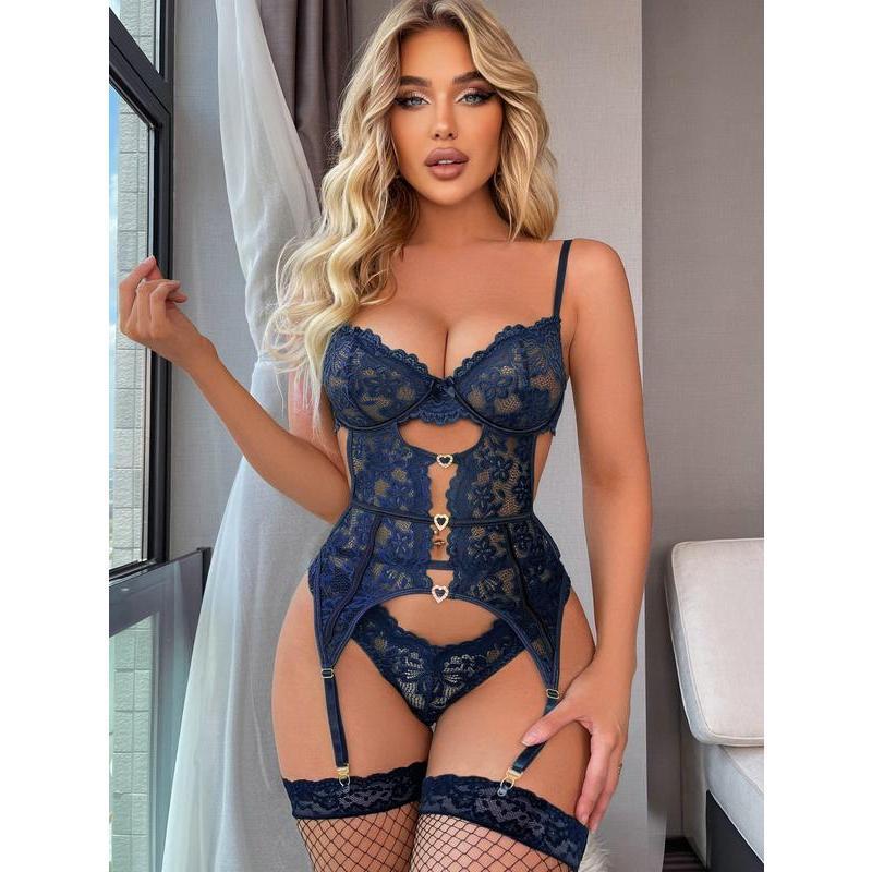 Women's Floral Lace Mesh Lingerie Set Teddy Babydoll Bodysuit with Garter Belts,Valentine's Day Gift,Minimalist Basic Nightgown Sleepwear Womenswear Comfort Sheer Fabric Soft Black