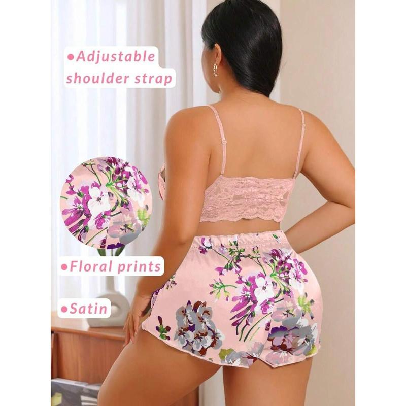 Plus Size Women's 2-Piece Lingerie Set - Floral Lace Cami Top With Satin Shorts Pajama Set |   Party Outfit & Home Wear |   Gift Included Bra Panty
