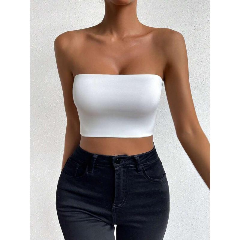 SolidTube Crop Top Fashion Fit Sleeve Womenswear Fabric Polyester Sheer Basic Minimalist