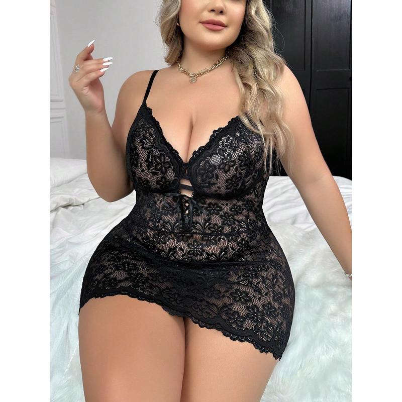 Plus Floral Lace Slips With Thong Plus Size Lace Babydoll Lingerie Womenswear Piece night  gown  women sexy nightgown Black Comfort Shaping Bodysuit Sculpting Bodysuit Polyester Fabric