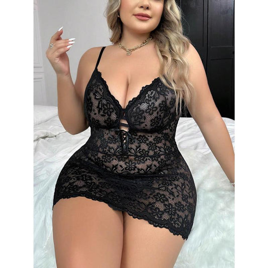 Plus Floral Lace Slips With Thong Plus Size Lace Babydoll Lingerie Womenswear Piece night  gown  women sexy nightgown Black Comfort Shaping Bodysuit Sculpting Bodysuit Polyester Fabric