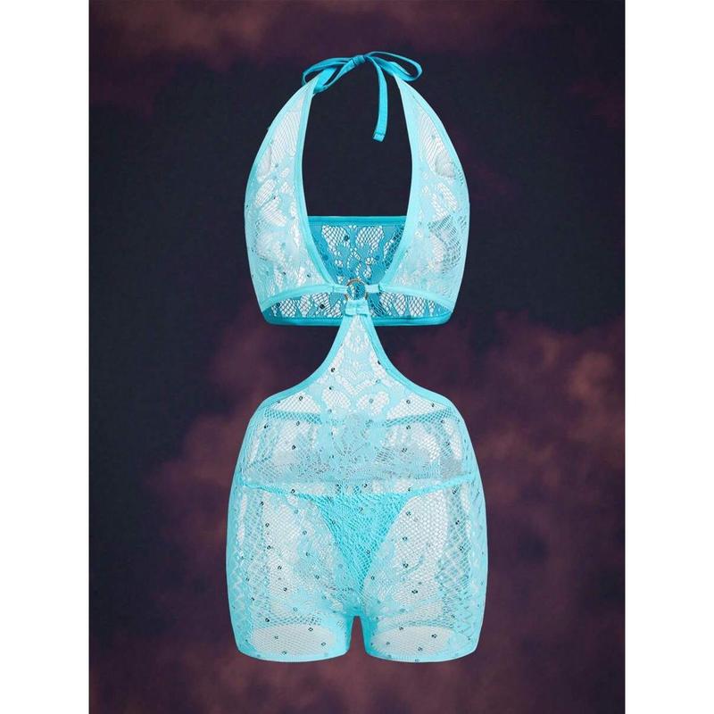 2pcs Sparkly Mesh Crossover Strap Metal Ring Seamless Y2K Fashionable Club Outfit Party Sexy Lingerie Set For Women Fabric Womenswear Bodysuits Bra