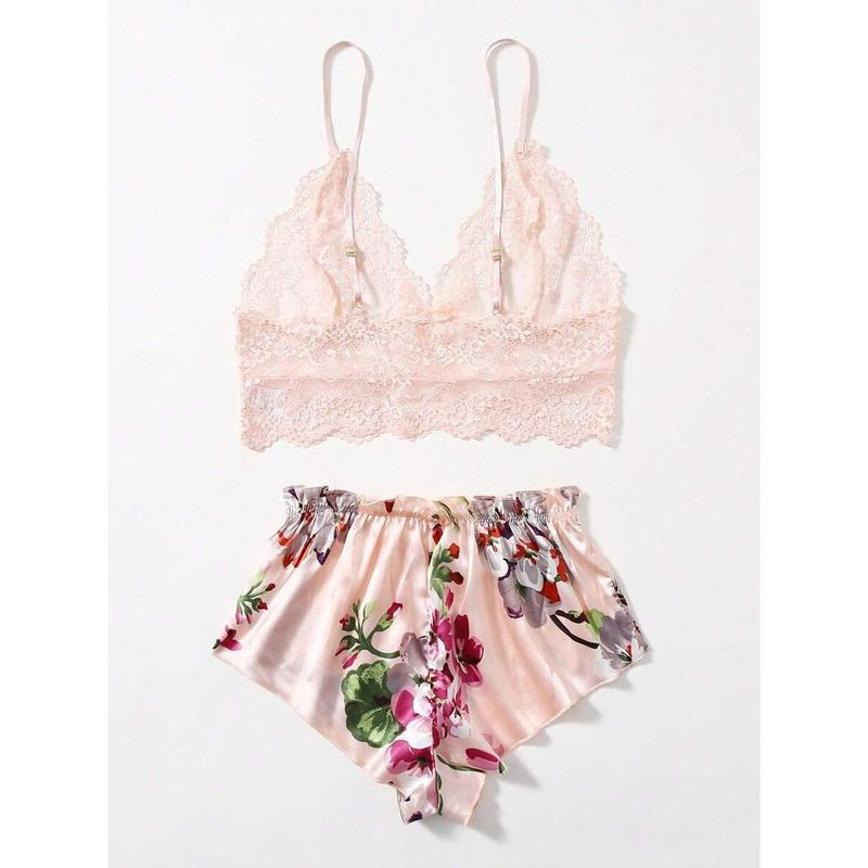 Women's Green Floral Lace Cami & Satin Shorts Pajama Set |   2-Piece Sleepwear Loungewear |   Soft Comfort Fabric |   Gift Included |   Home Wear Womenswear Backless Romantic Party