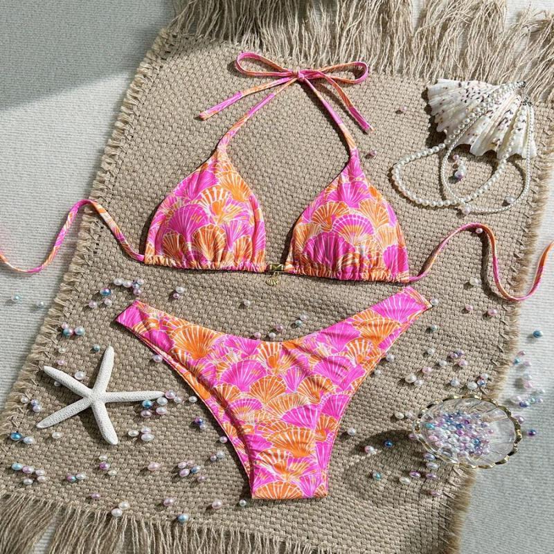 Swim Summer 2 Pieces Outfits For Women - Spaghetti Strap Random Print Top And High Cut Swim Bottoms, Beach Holiday Bikini Set