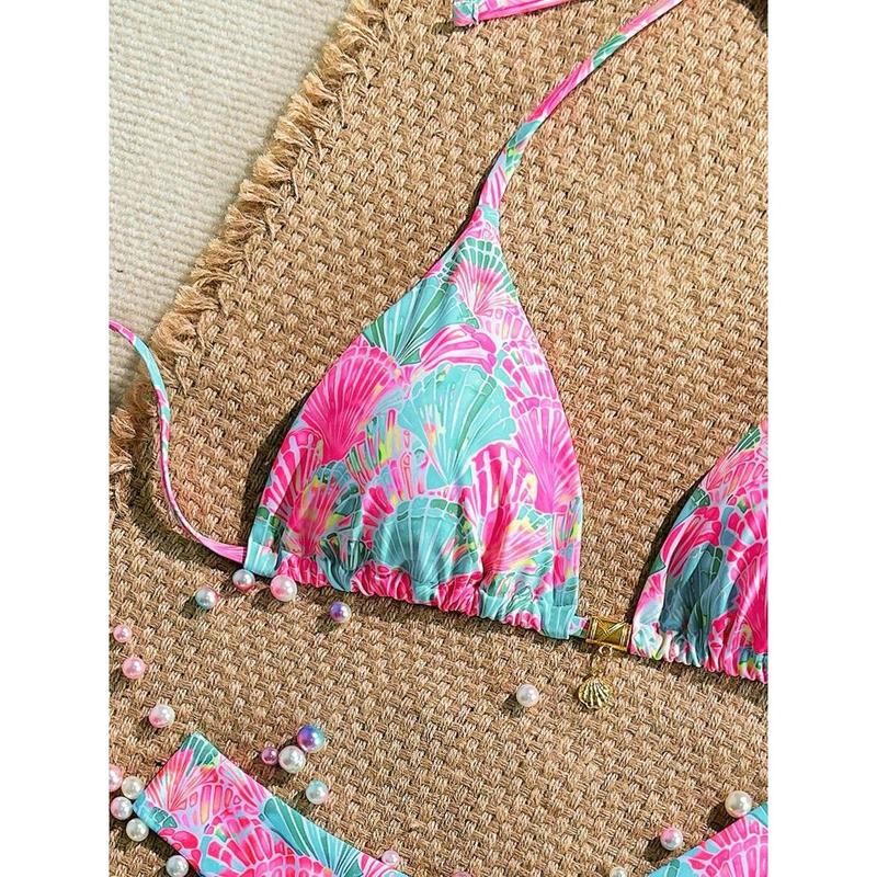 Swim Summer 2 Pieces Outfits For Women - Spaghetti Strap Random Print Top And High Cut Swim Bottoms, Beach Holiday Bikini Set