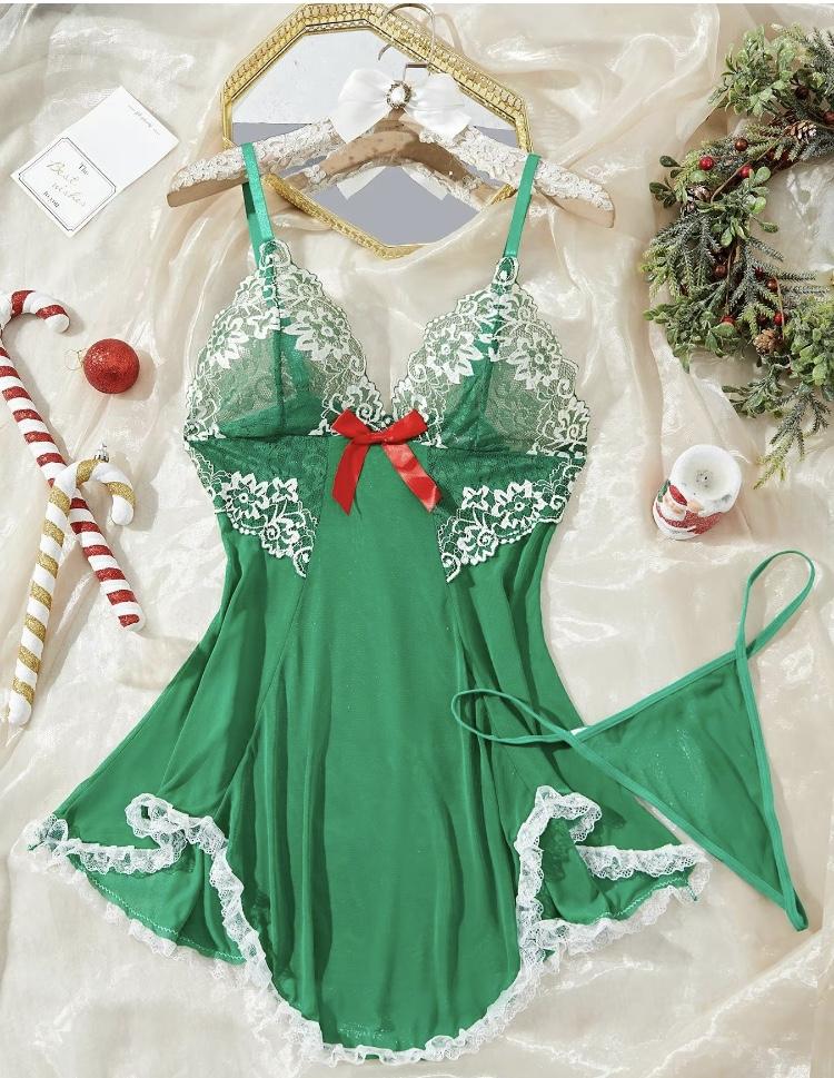 Ugreat Women's Contrast Lace Bow Decor Cami Nightdress with Thong, Comfort Night Gown for Women, Spaghetti Strap Backless, Elegant & Silky Design Green Glam Womenswear Loungewear Fitted Sleeveless Nightwear  night gown women Homewear Minimalist