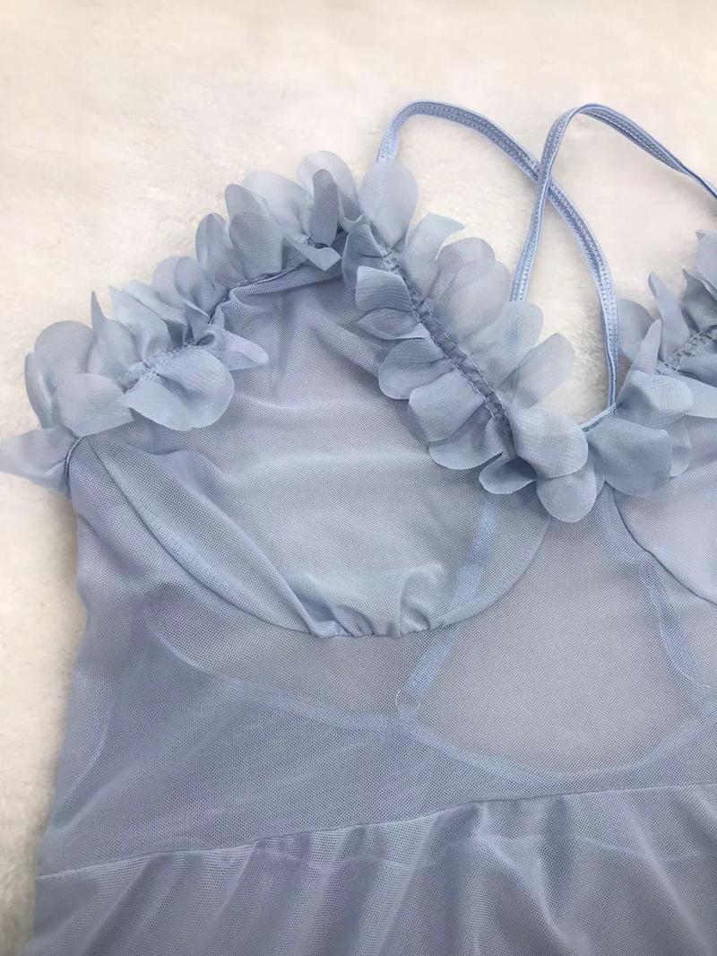 【Plus Size】 Petal Decor Sheer Mesh Cami Nightdress & Thong Sexy Lingerie Set, Romantic Criss Cross Backless Slip Nightgown & Panty, Women's Sleepwear for All Seasons