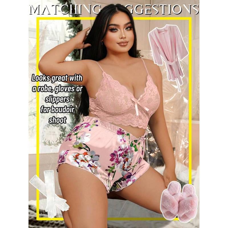 Plus Size Women's 2-Piece Lingerie Set - Floral Lace Cami Top With Satin Shorts Pajama Set |   Party Outfit & Home Wear |   Gift Included Bra Panty