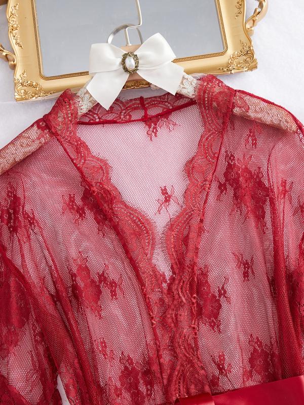 Women's Sexy Robe and Lingerie Set 3 Pieces, Long Sleeve Sheer Robe with Bra and Shorts, Gift with Waist Ribbon for All Seasons