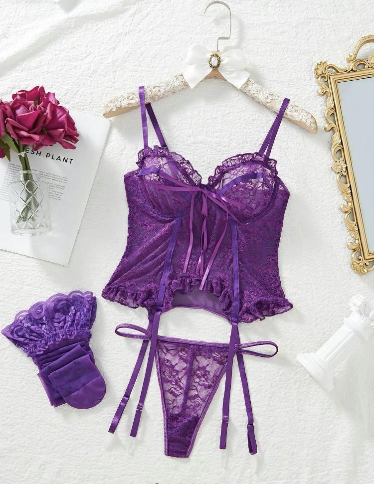 Women's Adjustable Strap Backless Lace Lingerie Set, Tie Front Cami Top & Sheer Thong $ Ruffle Stocking Set, Lingerie for Women, Underwear for Women, Back To School Wear, Women's Lingerie & Underwear for Summer, Underwear Sets for Women