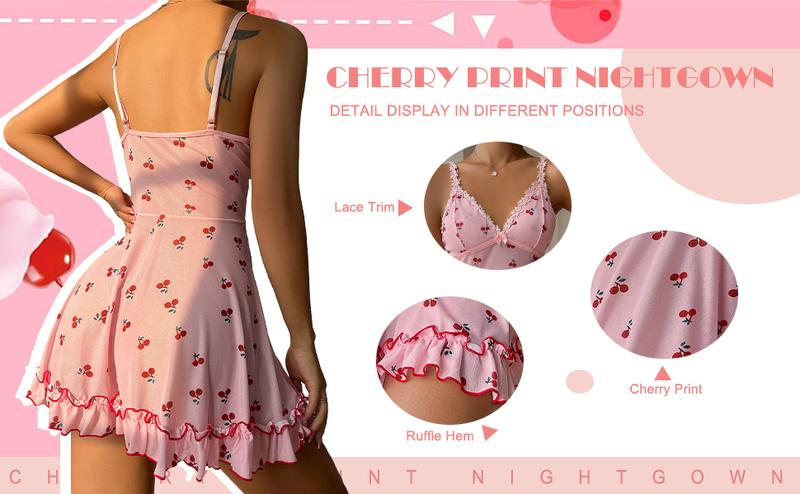 Cute Cherry Print Lace Trim Ruffle Hem Sleeveless Nightgown Chemise Comfy Nightwear