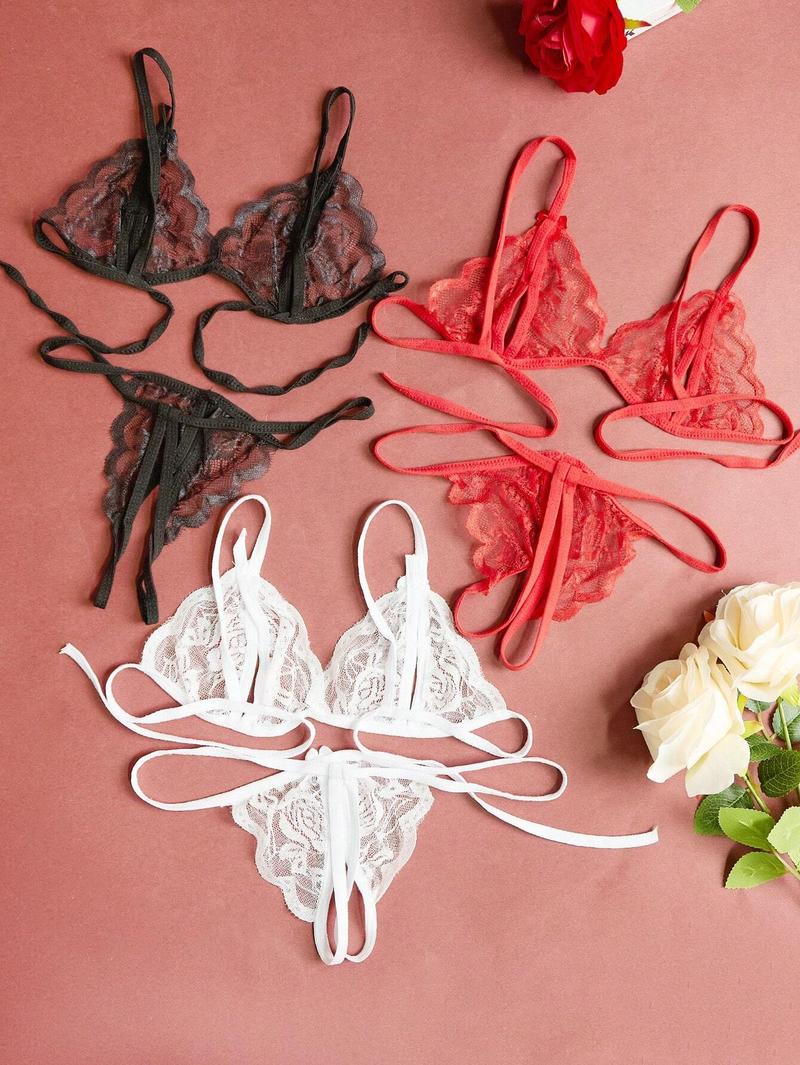 3 Pieceslingerie Set Solid Color V-Neck Lace Floral Fashion Design Lingerie Set, Bra And Open Lingerie, Couple Date, Halloween, Christmas, Valentine's Day, Girlfriend Gift, Free Temptation Set White Black Womenswear Red Fabric Casual Basic Minimalist