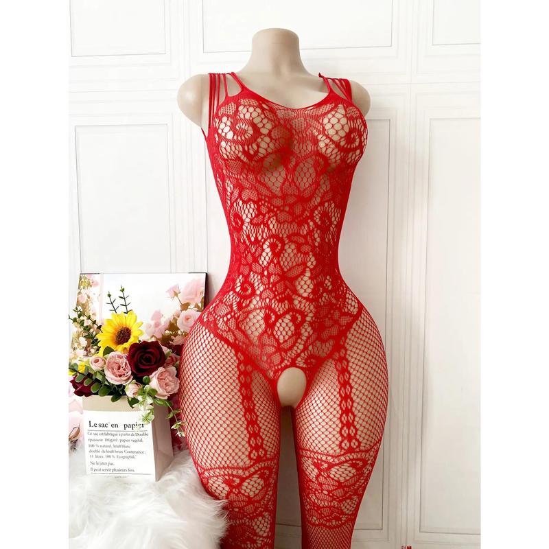 Red sexy jacquard lingerie set for women - high elastic semi-sheer mesh covering with fishnet leggings, open design and seams, perfect as a Valentine's Day gift and intimate night choice, set lingerie Clothes Soft