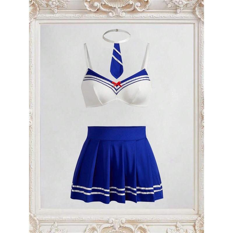 Women's Contrast Color Bow Decor Camisole Top + Pleated Mini Skirt + Necktie Costume Set