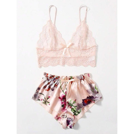 Women's Green Floral Lace Cami & Satin Shorts Pajama Set |   2-Piece Sleepwear Loungewear |   Soft Comfort Fabric |   Gift Included |   Home Wear Womenswear Backless Romantic Party