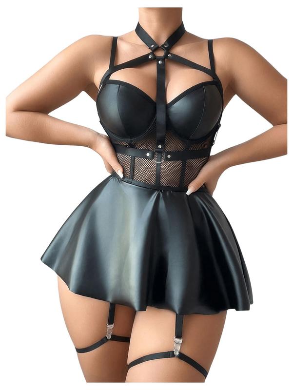 Pu Leather Lingerie Set Hollow Out Halter Underwired Lingerie Dress