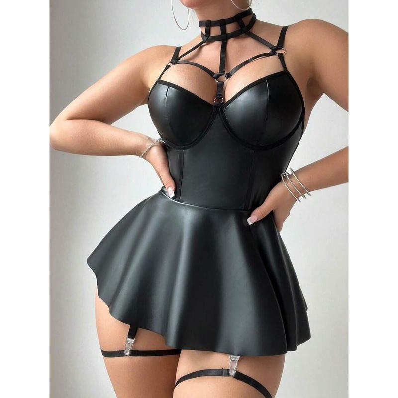 4pcs Women's Punk Style Choker With Spaghetti Strap Garter Belt & Leg Ring And Sexy Ruffle Dress Set Lingerie Fabric Polyester bikini boutique go nnaw ear it now Womenswear Bra Panty Piece Sleeve Black