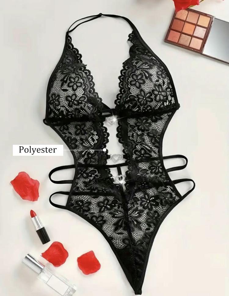 Ugreat Women's Floral Lace Rhinestone Ring Linked Sheer Teddy Bodysuit, Sexy fashion Contrast Lace Tie Backless Bodysuit for Daily Wear, Women's Lingerie for All Reasons Black Fabric