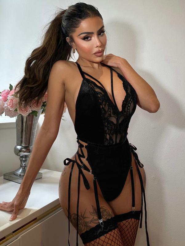 3 Piece Lingerie Set Lace Harness Teddy Bodysuit Hollow Out Crisscross Garter Babydolls with Stockings