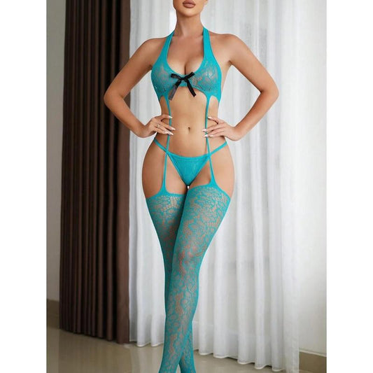 2pcs Women Lingerie Set - Emerald Green Jumpsuit With Thong And Mesh Insert, Seamless & Stretchy Undergarment Bra Fabric