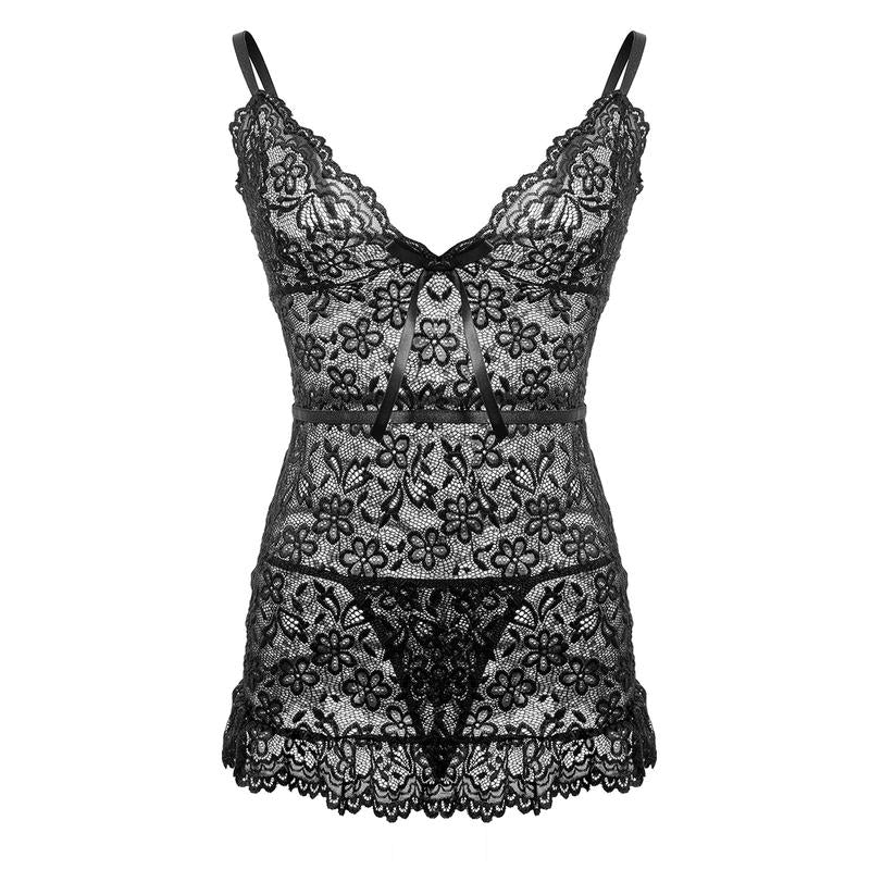 Women's 2 Piece Floral Lace Lingerie Set Night Dress Sleewear,Ruffle Hem Sheer Babydoll Chemise Nightgown,Comfort Springtok Sleeveless Loungewear