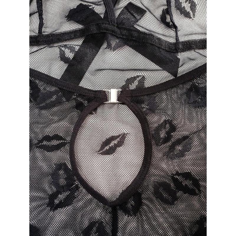 SuitURBody Sexy Lip Pattern Mesh Sheer Short Bodycon Nightgown , See Through Dress Loungewear Nightwear Womenswear Homewear Adjustable Nightie Sleeveless Black