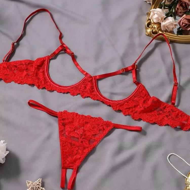 Ugreat Women's Floral Lace Sexy Lingerie Set, Sexy Cut Out Underwire Bra & Open Crotch Design Thong Two-Piece Set, Lingerie Set for Women, 2000s Wear Pink Straps