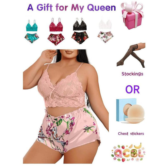 Plus Size Women's 2-Piece Lingerie Set - Floral Lace Cami Top With Satin Shorts Pajama Set |   Party Outfit & Home Wear |   Gift Included Bra Panty