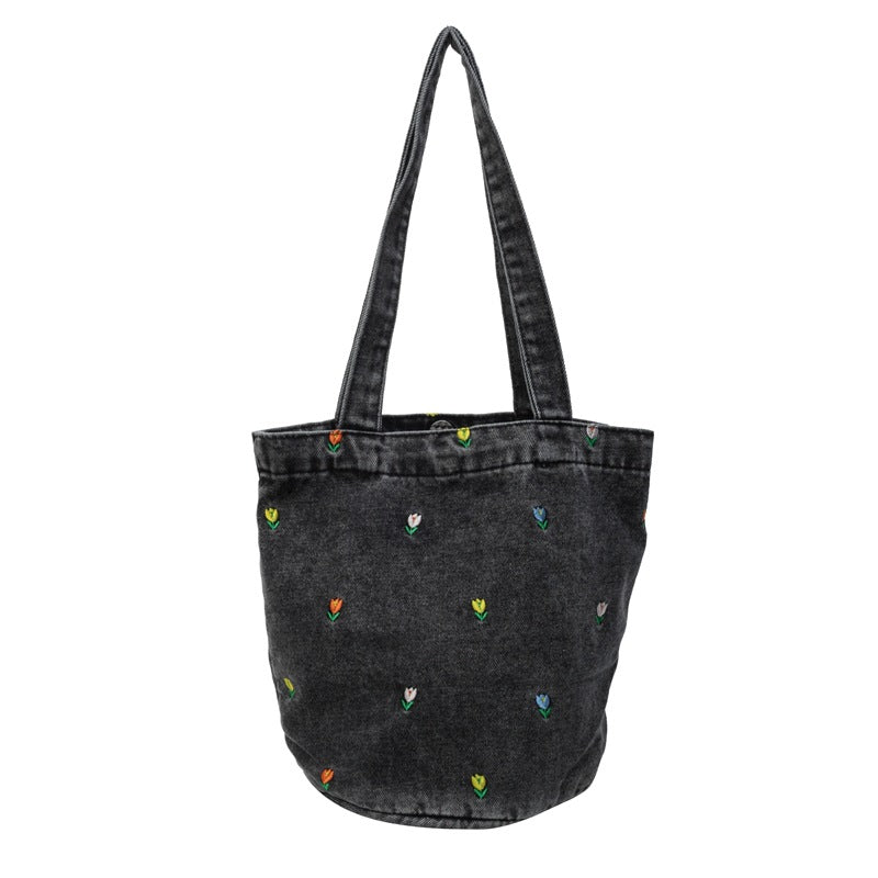 Denim embroidered bucket bag