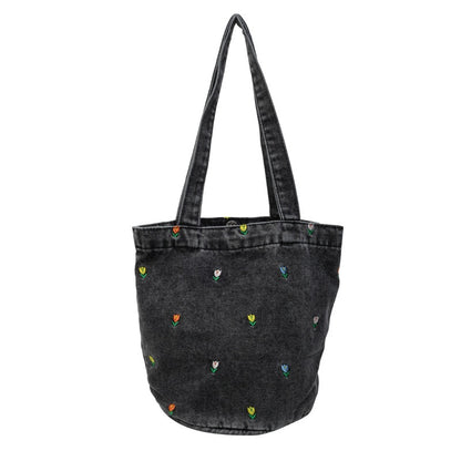 Denim embroidered bucket bag