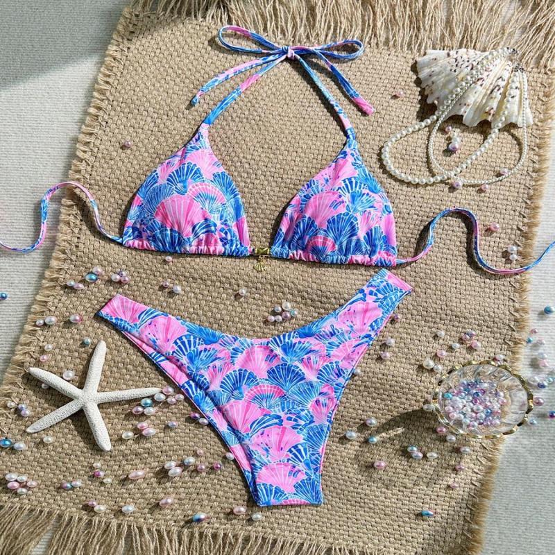 Swim Summer 2 Pieces Outfits For Women - Spaghetti Strap Random Print Top And High Cut Swim Bottoms, Beach Holiday Bikini Set