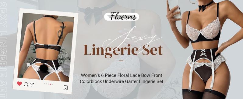 Women's 6 Piece Set Floral Lace Bow Front Colorblock Underwire Garter Lingerie Set with Stocking dealsforyoudays