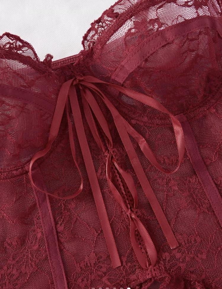 Women's Adjustable Strap Backless Lace Lingerie Set, Tie Front Cami Top & Sheer Thong $ Ruffle Stocking Set, Lingerie for Women, Underwear for Women, Back To School Wear, Women's Lingerie & Underwear for Summer, Underwear Sets for Women