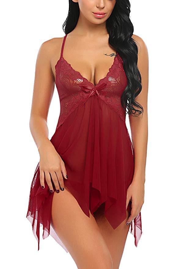 Ugreat Women Plus Size Lingerie Babydoll Dress Lace Chemise Sleepwear Mesh Nightgown with Thong V Floral Sexy night gown women Soft Womenswear