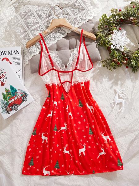 Christmas Women's Sleepwear, Reindeer Print Strap Nightgown, Festive Holiday Pajamas, Cozy Loungewear for Christmas Celebrations