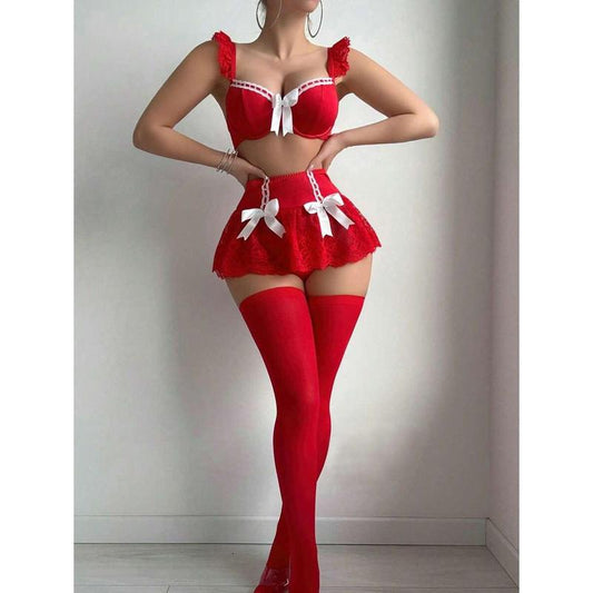 5 Pieces Set: Lace Splice Underwire Bra Top + G-String + Ruffle Waist Skirt + 2 Pairs Of Socks Fabric Womenswear Costumes Clothes